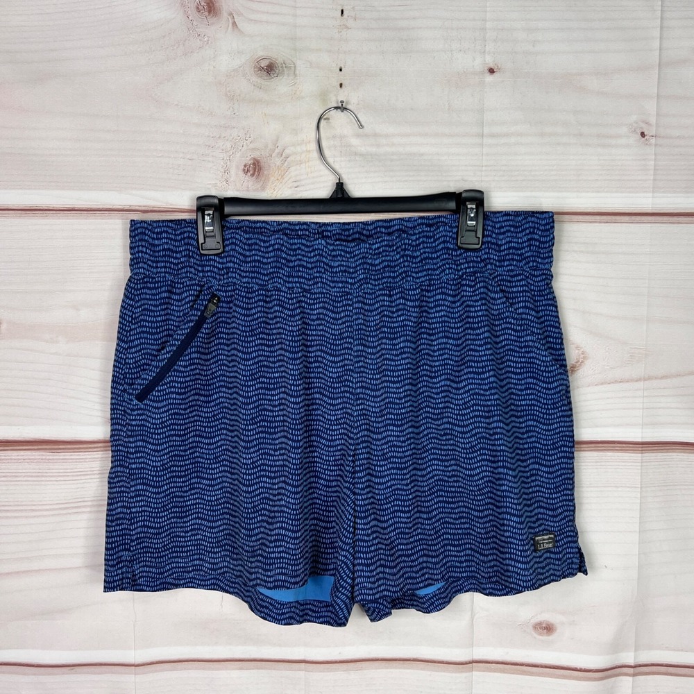 LL Bean Shorts Women L Blue Print Pull On Woven Stretch Elastic Waist Zip Pocket